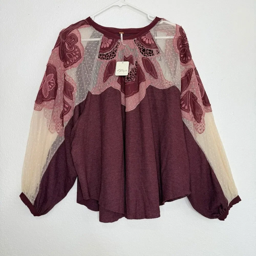 Free People Toni Tunic Top MEDIUM Mulberry Burgundy Embroidered Lace Waffle Boho